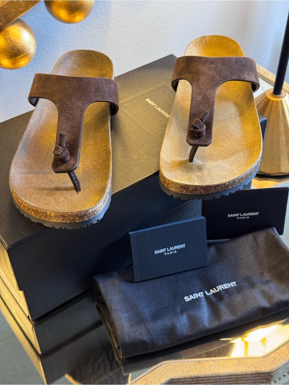 AUTHENTIC Saint Laurent Brown Suede T-Strap Cork Sandals -Size 41